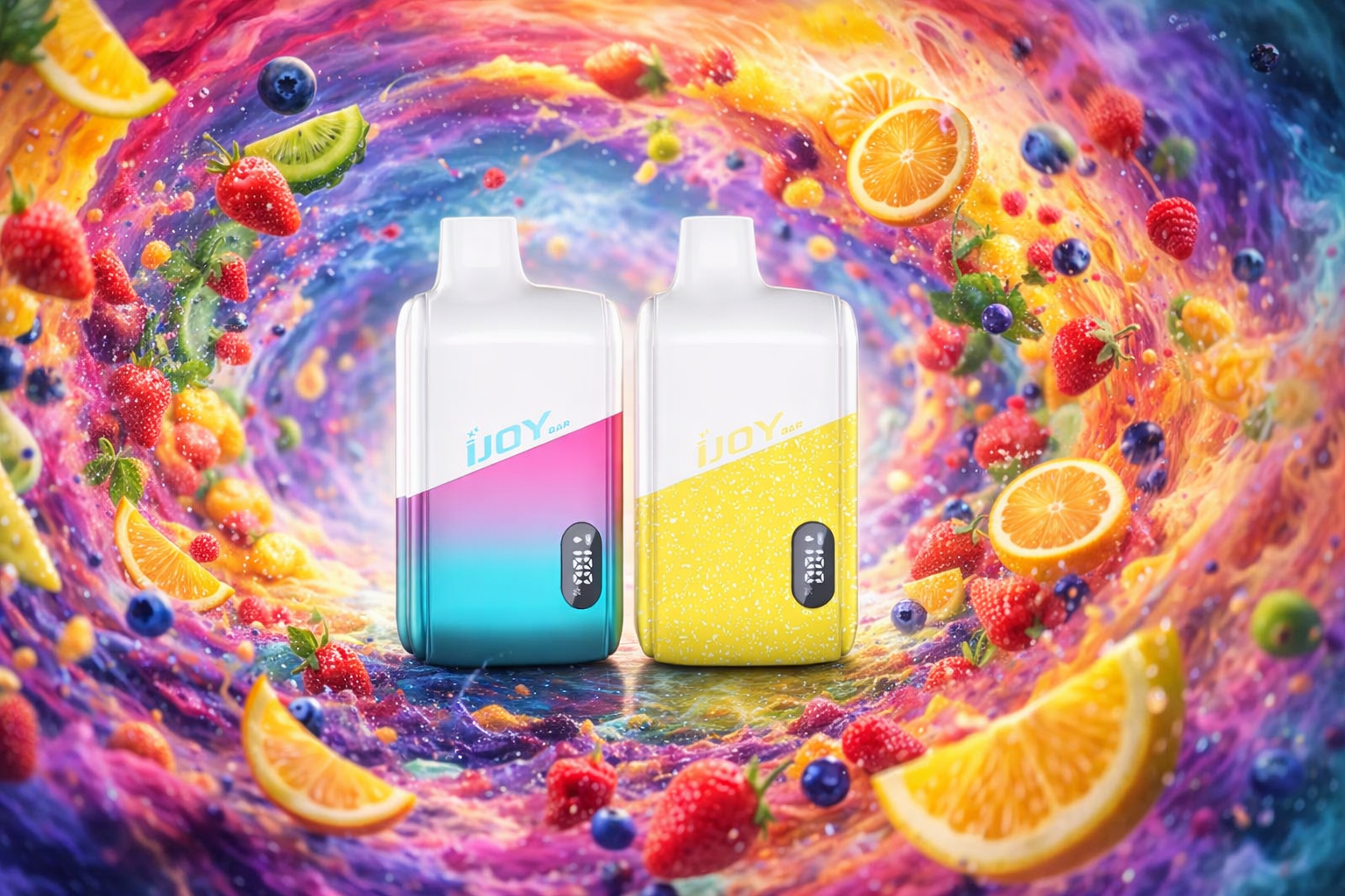 Two sleek iJOY BAR vape devices are displayed in a vibrant fruit vortex. The turquoise‑pink gradient and white‑yellow speckled designs stand out among strawberries, blueberries, raspberries, kiwi, and orange slices. The dynamic swirl of colors emphasizes freshness, bold flavors, and modern style.