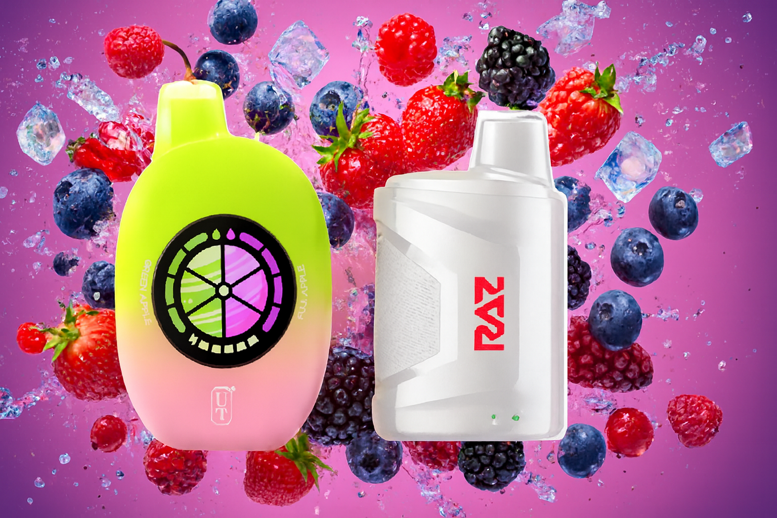 The image features two vibrant vape devices set against a bold pink and purple background filled with assorted berries and ice cubes. The left device, in neon green and pink, displays a circular citrus-slice design and the label "FULL APPLE" along with "UT." The right device is sleek and white with the brand name "RAZ" in red. Surrounding fruits like strawberries, blueberries, raspberries, and blackberries emphasize a refreshing, fruity flavor theme with a modern, eye-catching aesthetic.