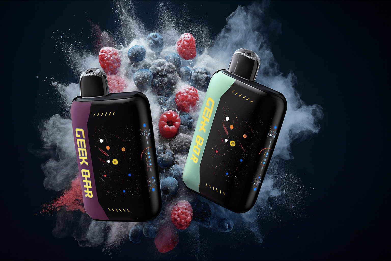 The image features two sleek GEEK BAR vape devices set against a dark, cosmic-inspired background. One device has a purple accent, the other mint green, both surrounded by swirling smoke and a vibrant mix of berries—raspberries, blueberries, and blackberries. The rich colors and dynamic composition evoke a sense of fruity freshness and futuristic style.