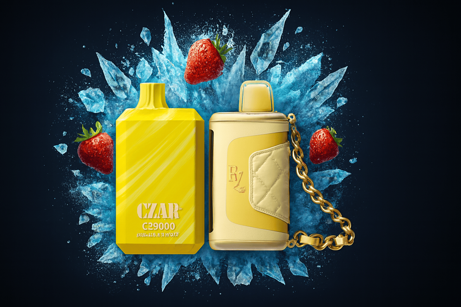 The image features two vibrant vape devices set against a dramatic backdrop of shattered blue ice and floating strawberries. The left device is solid yellow with the text "CZAR C29000" and "INHALE & ENJOY," while the right one has a quilted texture, a gold chain, and is marked "R1" with a small leaf symbol. The icy fragments and ripe strawberries evoke a refreshing, fruity sensation, emphasizing bold flavor and stylish design.