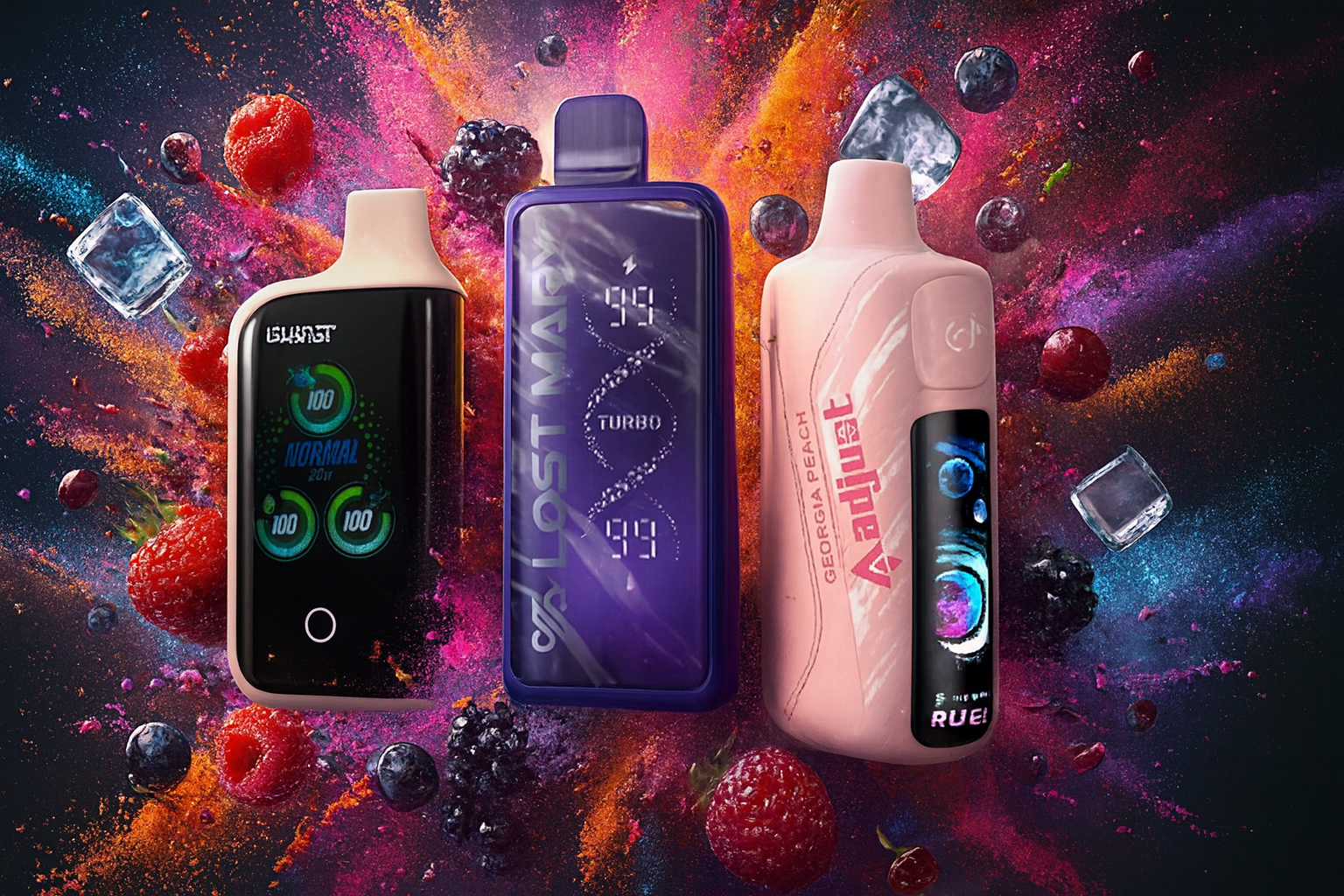 Three sleek vape devices stand upright against a vibrant backdrop of exploding color, ice cubes, and fresh berries. Each device features a distinct digital display and bold design: one labeled “BURST” with dual gauges, another marked “LOST MARY” with a lightning bolt and helix graphic, and the third showcasing “GEORGIA PEACH” with stylized text and abstract visuals. The scene evokes energy, freshness, and modern flair.