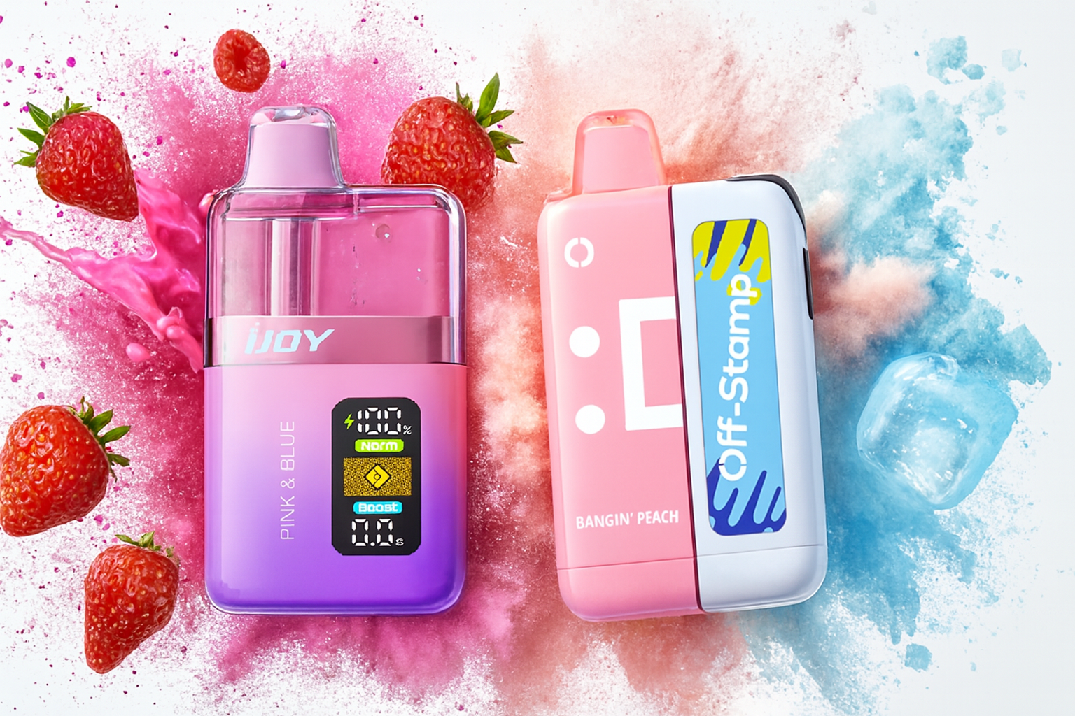 The image features two vibrant vape devices set against a dynamic backdrop of strawberries, pink and blue powder bursts, and an ice cube. The left device, labeled "IJOY," has a sleek gradient design in pink and purple with a digital display showing power levels and modes, along with the text "PINK & BLUE." The right device, branded "Off-Stamp," showcases a playful pink-and-white design with accents of blue and yellow, highlighting the flavor "BANGIN' PEACH." The composition radiates freshness, energy, and fruity coolness.