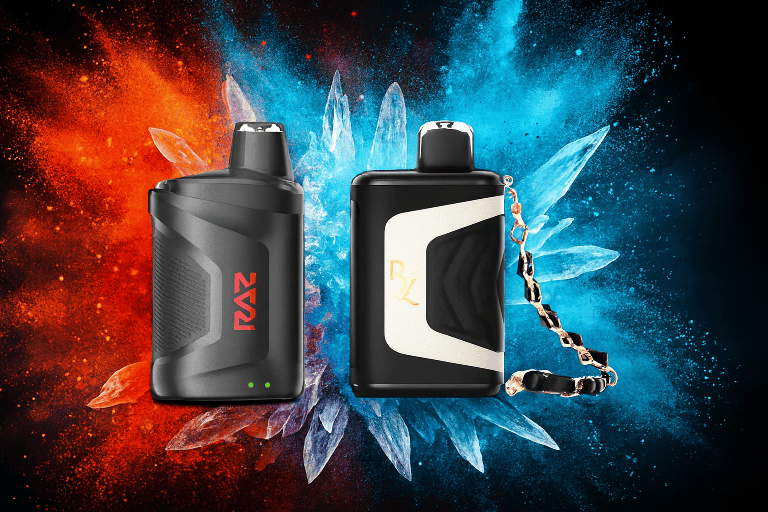 The image presents two sleek vape devices set against a dramatic split background—fiery red-orange on the left and icy blue on the right—symbolizing heat and cold. The left device, labeled "RAZ," is black with glowing green indicators, while the right one, marked "RL," features a stylish gold chain and elegant black-and-white design. Crystal formations and bursts of colored powder enhance the contrast, creating a bold, high-impact visual that evokes themes of fire versus ice and intense sensory duality.