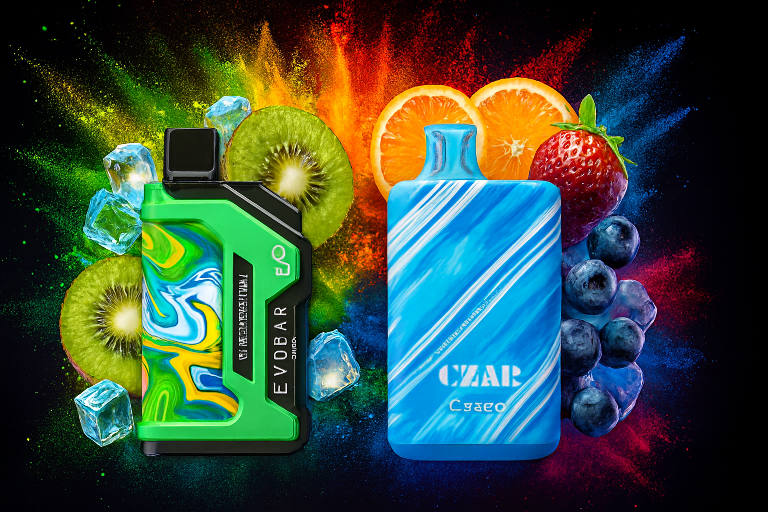 The image features two eye-catching vape devices surrounded by a burst of colorful fruits and icy elements. On the left, the EVOBAR device displays a swirling mix of green, blue, and yellow with bold text and the number "21000." On the right, the CZAR vape stands out with a sleek blue-and-white striped design and branding details. Kiwi, orange slices, strawberries, blueberries, and ice cubes float around them, enhanced by vibrant powder splashes in green, yellow, red, and blue—creating a dynamic, refreshing scene that highlights fruity intensity and cool sensations.