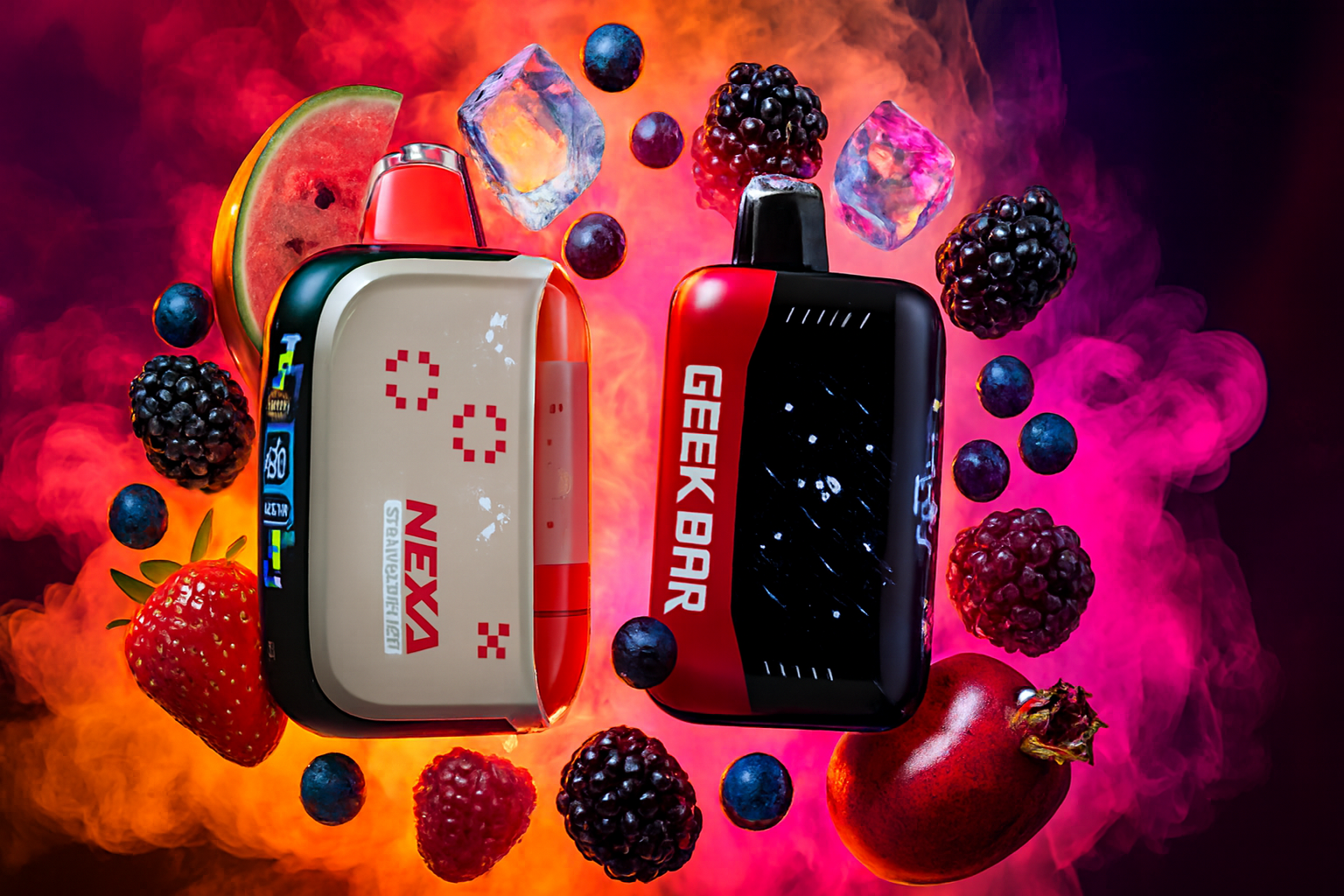 The image shows two vape devices set against a smoky, colorful background filled with fruits and ice cubes. The left device, labeled “NEXA STRAWBERRY KIWI,” features a beige and red design with pixelated accents, while the right one, branded “GEEK BAR,” has a glossy red and black finish. Surrounding them are strawberries, blueberries, raspberries, blackberries, watermelon slices, and pomegranate, creating a vibrant and refreshing atmosphere that highlights the fruity flavor profiles.
