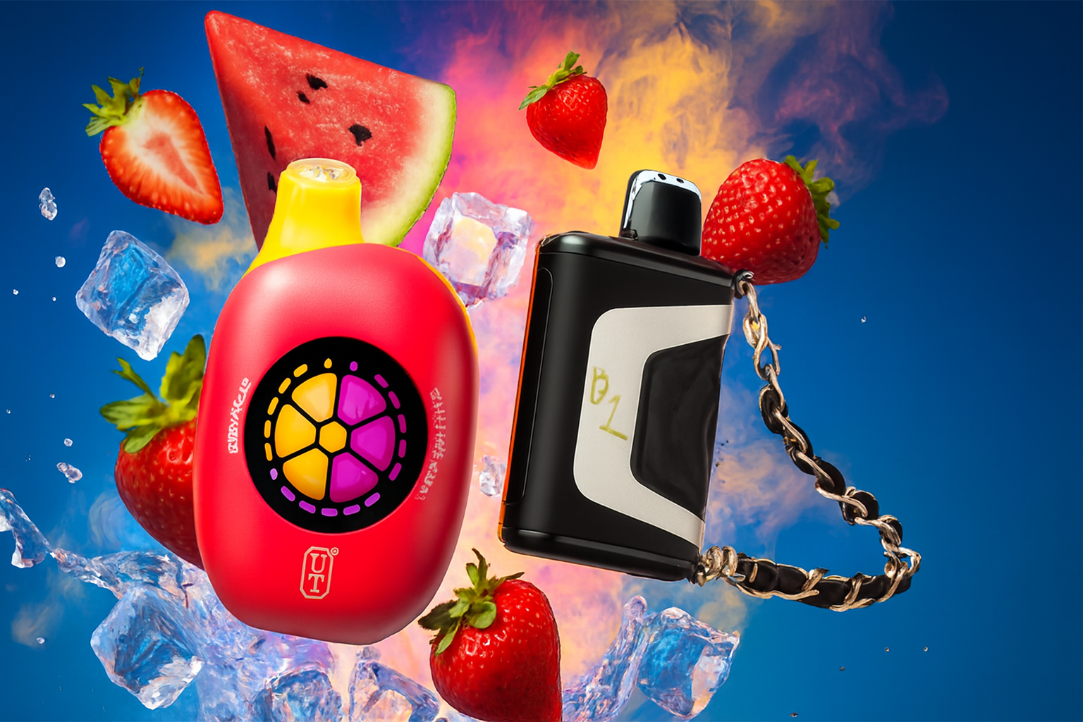 The image showcases two vibrant vape devices set against a dramatic background of fiery orange, cool blue, and purple tones. The left device is red with a yellow top and a circular multicolored design resembling a fruit slice, featuring the text "UT" and stylized characters. The right device is black and white with a metallic chain and the label "B1." Surrounding them are floating strawberries, a watermelon slice, and ice cubes, emphasizing a refreshing, fruity flavor theme with a bold, modern aesthetic.