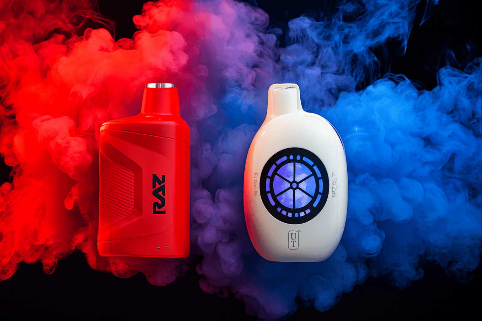 The image shows two vape devices set against a dramatic backdrop of red and blue smoke. The left device is bold red with the brand name "RAZ" printed vertically in black, while the right device is sleek white featuring a circular blue-lit design and text including "E-Tox Pi" and "UT." The contrasting smoke colors and futuristic styling create a visually intense and modern atmosphere, emphasizing innovation and bold flavor.