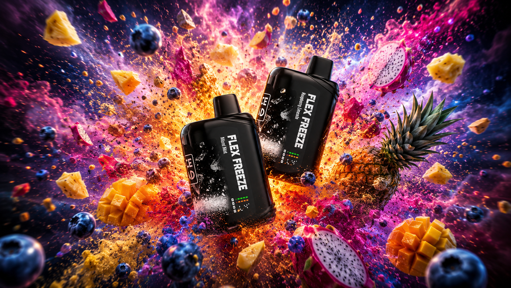 Two black FLEX FREEZE bottles are surrounded by splashes of colorful fruit and ice. Pineapple, mango, blueberries, and dragon fruit burst against a vivid background of pink, purple, orange, and yellow. The dynamic composition emphasizes freshness, energy, and bold flavor intensity.