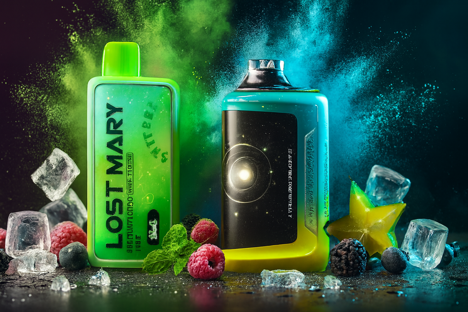 The image features two vibrant vape devices surrounded by a burst of icy freshness and exotic fruits. The green device labeled "LOST MARY BM600" sits among mint leaves, berries, and starfruit, while the blue-and-yellow device showcases a cosmic design with glowing orbs and planetary rings. Ice cubes and dynamic green-blue powder clouds enhance the cool, energetic atmosphere, blending natural elements with futuristic style.