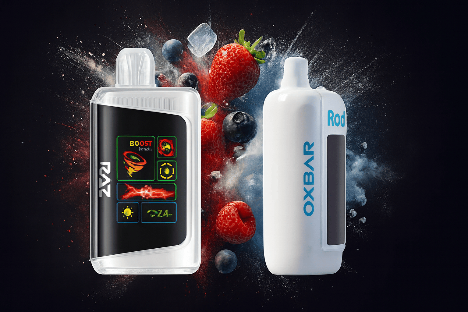 The image showcases two vibrant vape devices surrounded by a refreshing mix of strawberries, blueberries, raspberries, and ice cubes. The left device, labeled "RAZ," features a digital display with colorful icons and the word "BOOST," while the right device, marked "OXBAR," has a sleek, minimalist design. The dynamic fruit and ice background emphasizes a cool, fruity flavor experience with a high-tech twist.