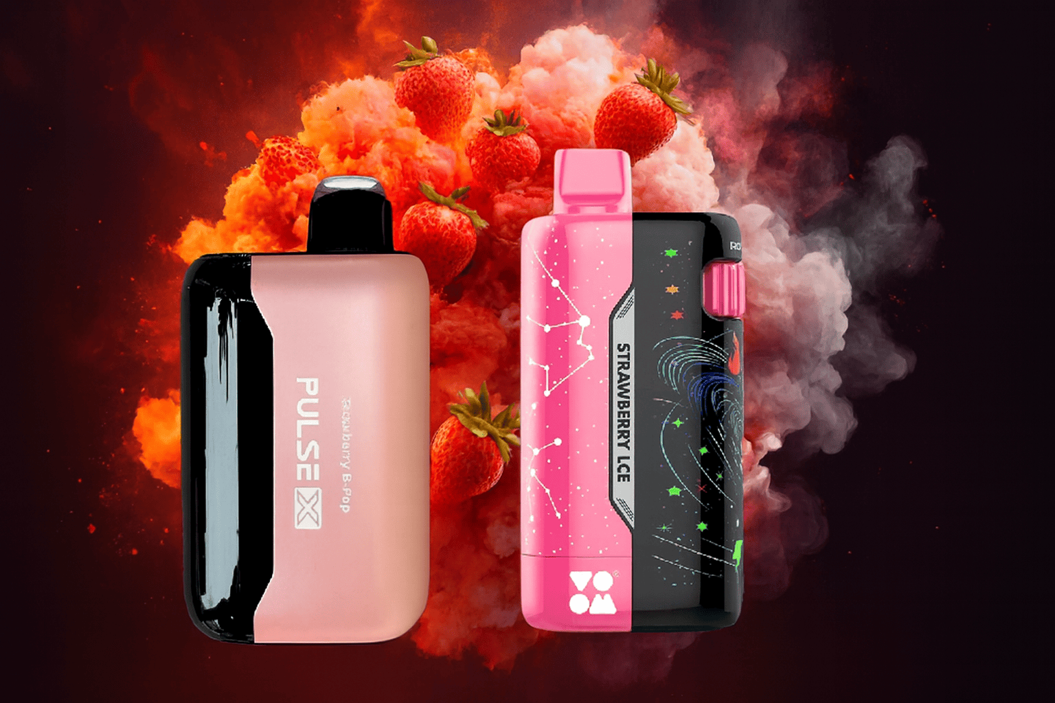 The image showcases two stylish vape devices set against a vibrant strawberry-themed backdrop. The left device, labeled "PULSE X," features a sleek pink and black design with the flavor "Raspberry B-Pop." The right device, marked "STRAWBERRY ICE," stands out with a colorful cosmic pattern of stars and constellations. Surrounding both are clouds of smoke and fresh strawberries, creating a lively and flavorful atmosphere that emphasizes fruity indulgence and visual flair.
