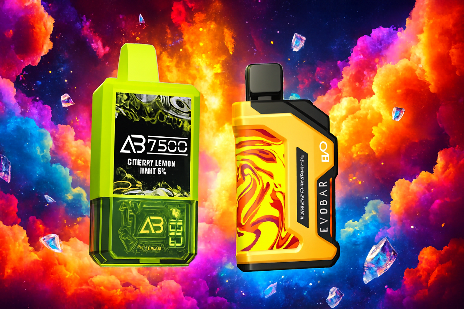 The image presents two bold vape devices set against a surreal explosion of color and crystal textures. The left device, in neon green, is labeled "AB 7500" with the flavor "Cherry Lemon" and "INIT 5%," while the right device features a striking yellow-and-black design with red swirls and the branding "EVOBAR EVO." The background bursts with vibrant clouds in orange, pink, purple, and blue, accented by floating crystal shards, creating a dynamic and flavorful visual impact.
