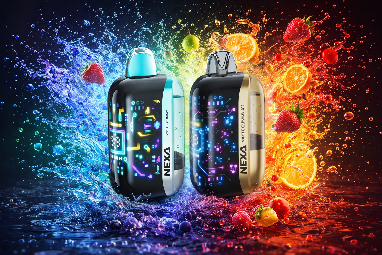 Two sleek NEXA vape devices are displayed in a vibrant, high‑tech scene. The light blue “White Gummy” and gold “White Gummy Ice” designs feature glowing circuit patterns surrounded by splashes of water, fruit, and neon tones. The dynamic composition emphasizes bold flavor, freshness, and modern futuristic style.