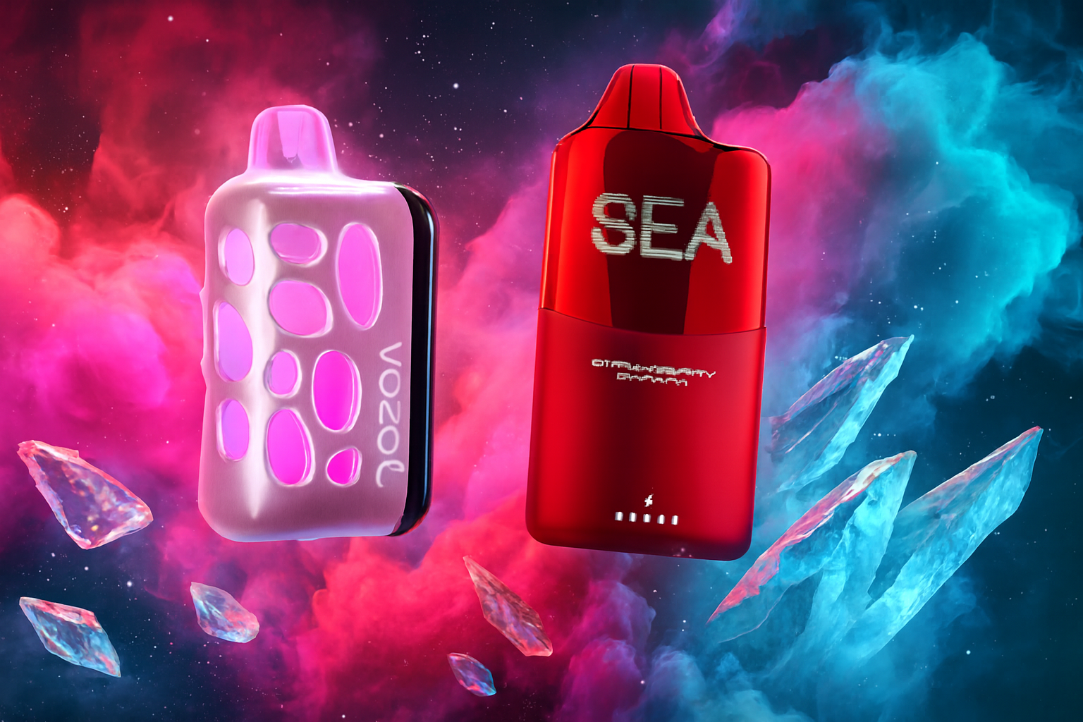 The image displays two eye-catching vape devices floating in a cosmic swirl of pink, red, and blue clouds with shimmering crystal shards. The left device, soft pink with glowing purple accents, is branded "VOZOL," while the right one features a sleek red design with metallic "SEA" lettering and the flavor "STRAWBERRY BANANA." A lightning bolt icon and five white dots at the bottom suggest battery indicators. The overall composition radiates a futuristic, fruity vibe with bold visual energy.