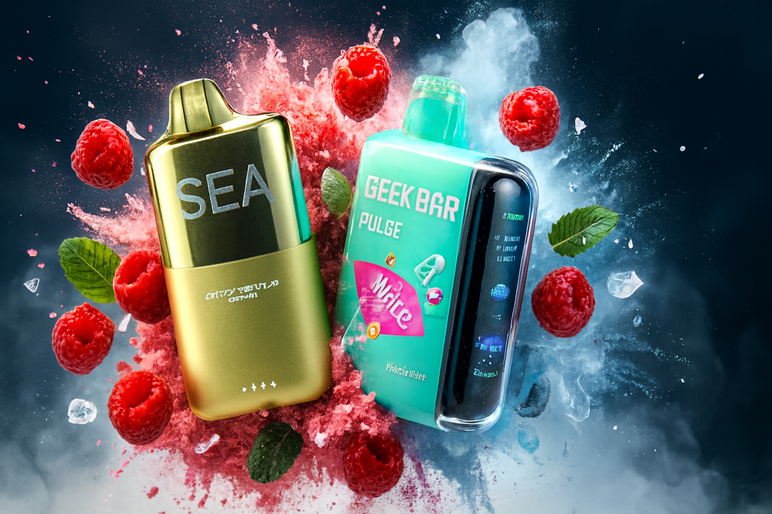 The image features two vibrant vape devices surrounded by raspberries, mint leaves, ice cubes, and bursts of powdered flavor. The left device, in a sleek gold finish, is labeled "SEA" with stylized text below. The right device, "GEEK BAR PULSE," combines turquoise and black tones with a digital display showcasing phrases like "MY VAPE" and "THE FUTURE IS." The dynamic composition and fresh elements evoke a cool, fruity sensation with a futuristic twist.