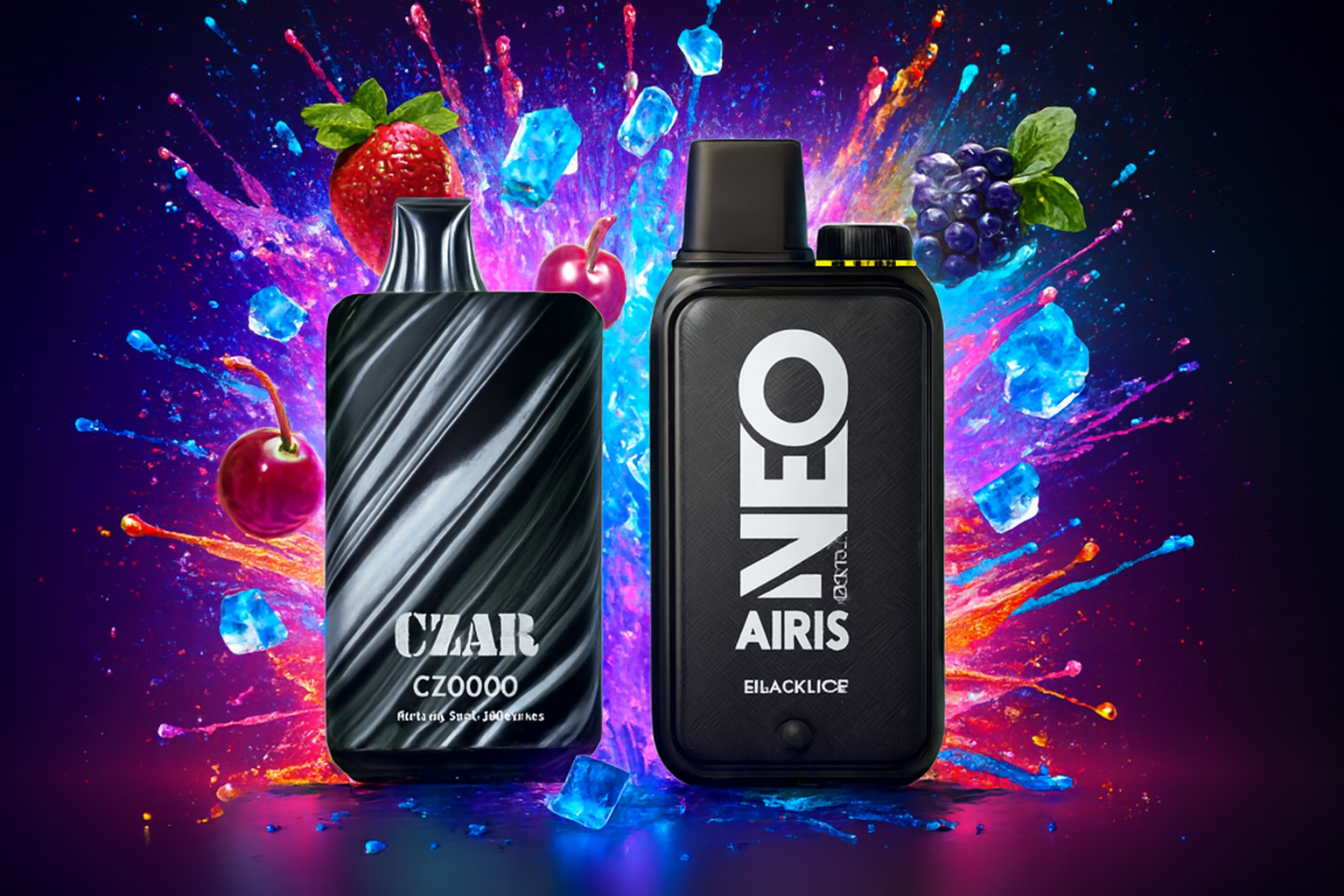 The image showcases two bold vape devices set against a vibrant splash of liquid, ice cubes, and assorted fruits like strawberries, cherries, and blackberries. The left device, labeled "CZAR CZ0000," features a sleek black and silver marbled design with a note of "Rated at 5000+ Puffs." The right device, marked "NEO AIRIS BLACKLICE," stands out with striking white text on a black body. The dynamic background emphasizes freshness and flavor, creating a visually powerful and enticing scene.