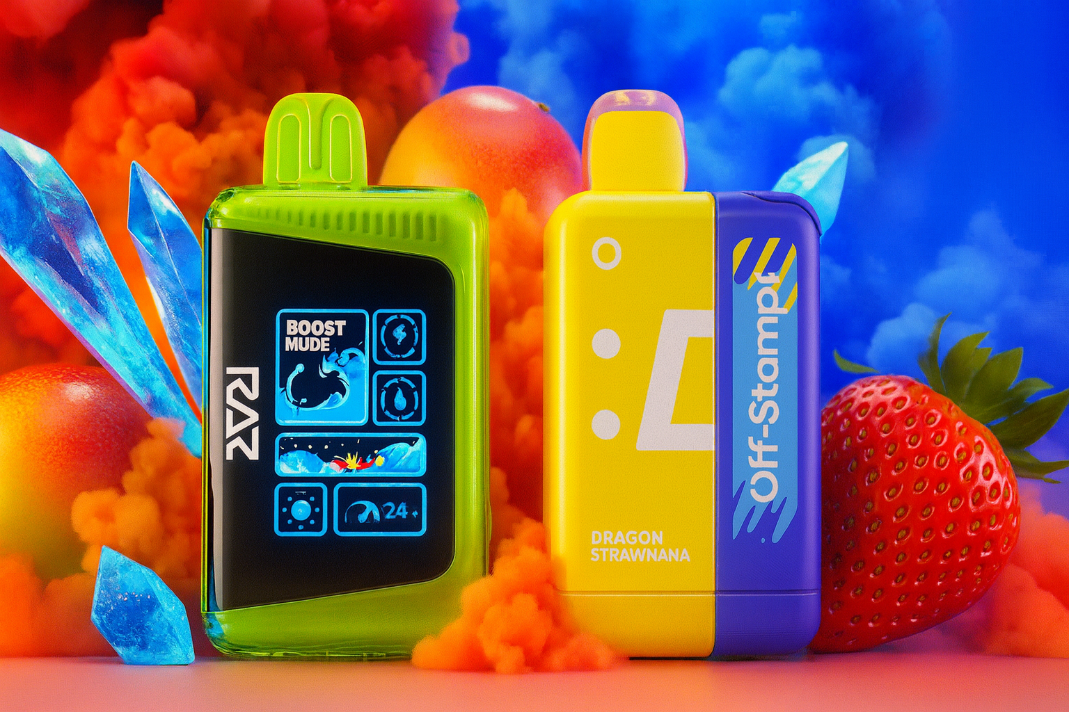 The image showcases two vibrant vape devices surrounded by a surreal burst of color and energy. On the left, a sleek green-and-black device displays "BOOST MODE" and "RAZ" on its digital screen, while the right device features bold yellow and purple tones with the label "Off-Stamp DRAGON STRAWNANA." The background explodes with strawberries, oranges, icy blue crystals, and swirling clouds of orange and blue smoke, evoking a dynamic, fruity freshness and high-impact visual appeal.