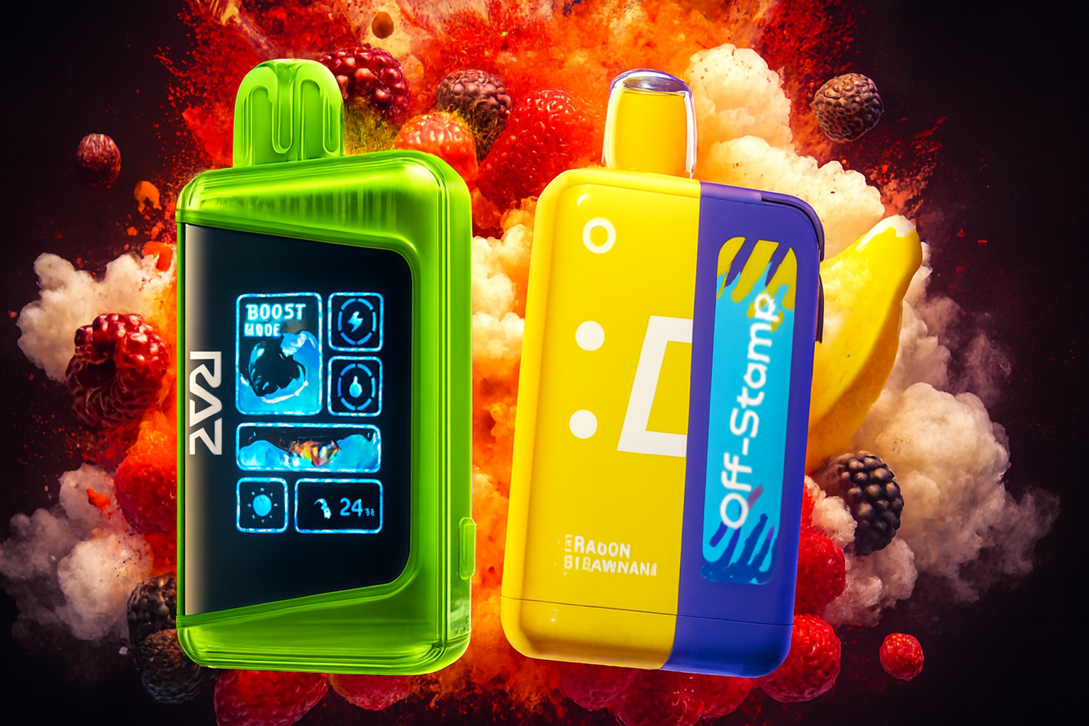 The image features two brightly colored vape devices set against a vivid backdrop of fruits and swirling vapor. The green device on the left displays a digital screen with icons like "BOOST MODE," a lightning bolt, a droplet, a fruit symbol, and "24%," with the brand name "RAZ" running vertically. The yellow device on the right, accented with blue and purple, is labeled "Off-Stamp DRAGON BIBAWNANI." Surrounding them are raspberries, blackberries, bananas, and clouds of smoke, creating a bold, fruity atmosphere with a tech-forward vibe.