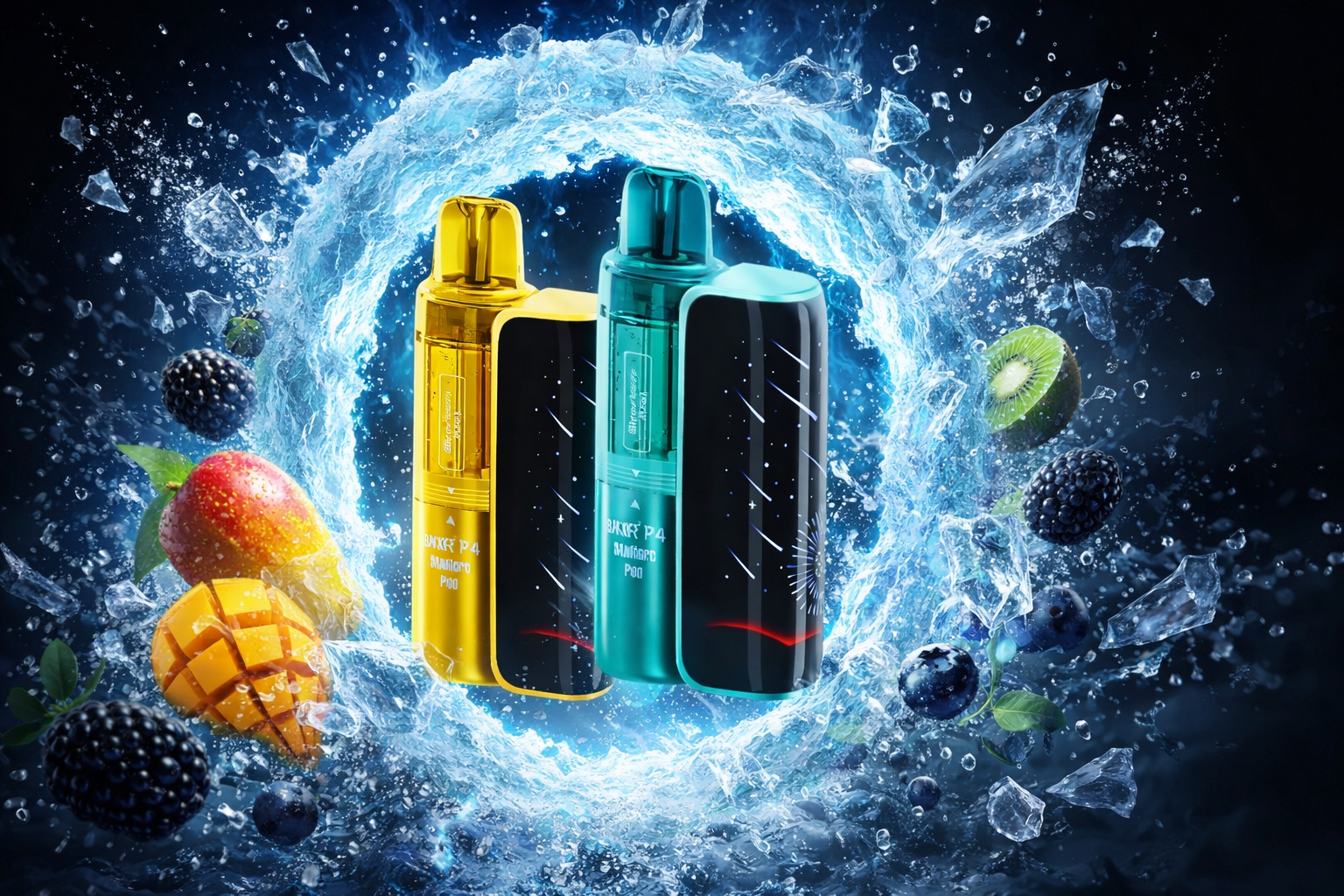 Two sleek vape devices labeled “SMOK P4” and “MIMICRO POD” are displayed in a vibrant splash of water. The metallic gold and teal designs stand out among mango, kiwi, blackberries, blueberries, and shards of ice. The dynamic circular wave effect emphasizes freshness, bold flavors, and modern style.
