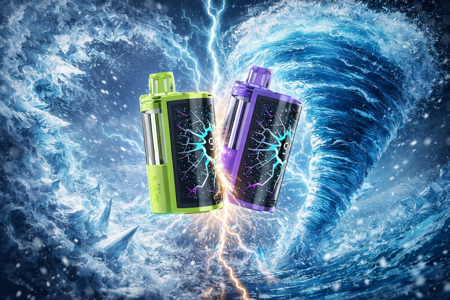 Two sleek vape devices in bright green and purple are displayed in a dramatic, icy storm scene. A bolt of lightning strikes between them, highlighting their metallic design and glowing energy patterns. The dynamic background of swirling waves and shards of ice emphasizes power, freshness, and high‑tech style.