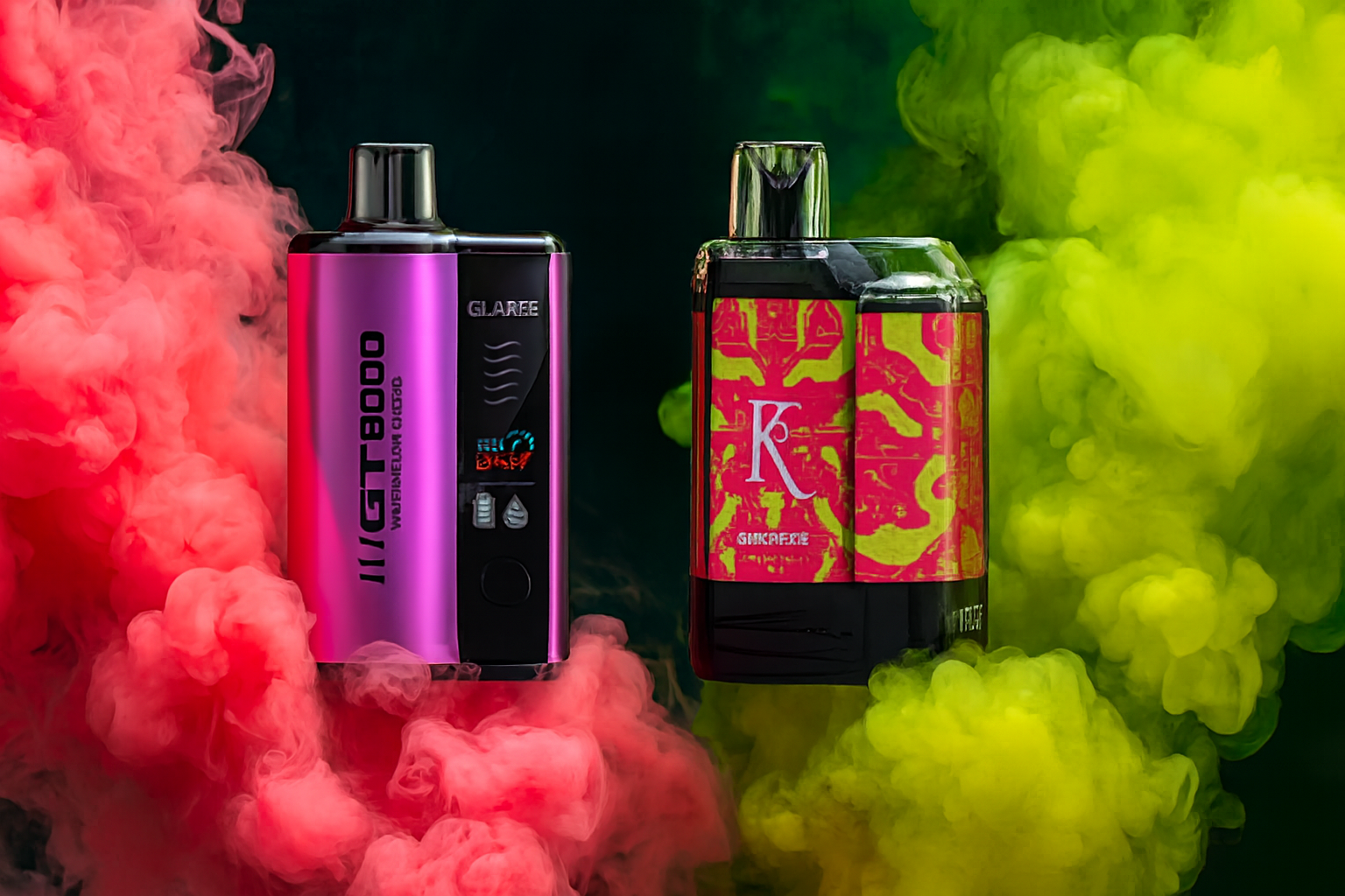 The image presents two eye-catching vape devices enveloped in vibrant clouds of smoke. On the left, the metallic pink and black "GT8000" stands out with sleek icons and the label "WUBBLEBUM CLOUD." On the right, a bold black device with neon pink and green patterns features the branding "K SMOKREE." The swirling red and yellow smoke in the background adds dynamic energy, emphasizing the edgy, flavorful appeal of the products.
