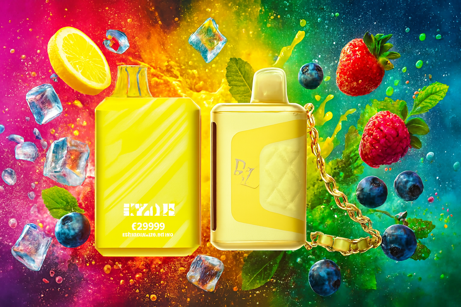 The image features two bold yellow vape devices set against a vibrant, rainbow-hued background. Surrounding them are juicy fruits—lemon slices, strawberries, raspberries, blueberries—alongside mint leaves and ice cubes, all bursting with dynamic energy. The left device displays the label “EZONE,” while the right one reads “BZ,” both standing out amid the splashy, refreshing composition that evokes a lively, fruity flavor experience.