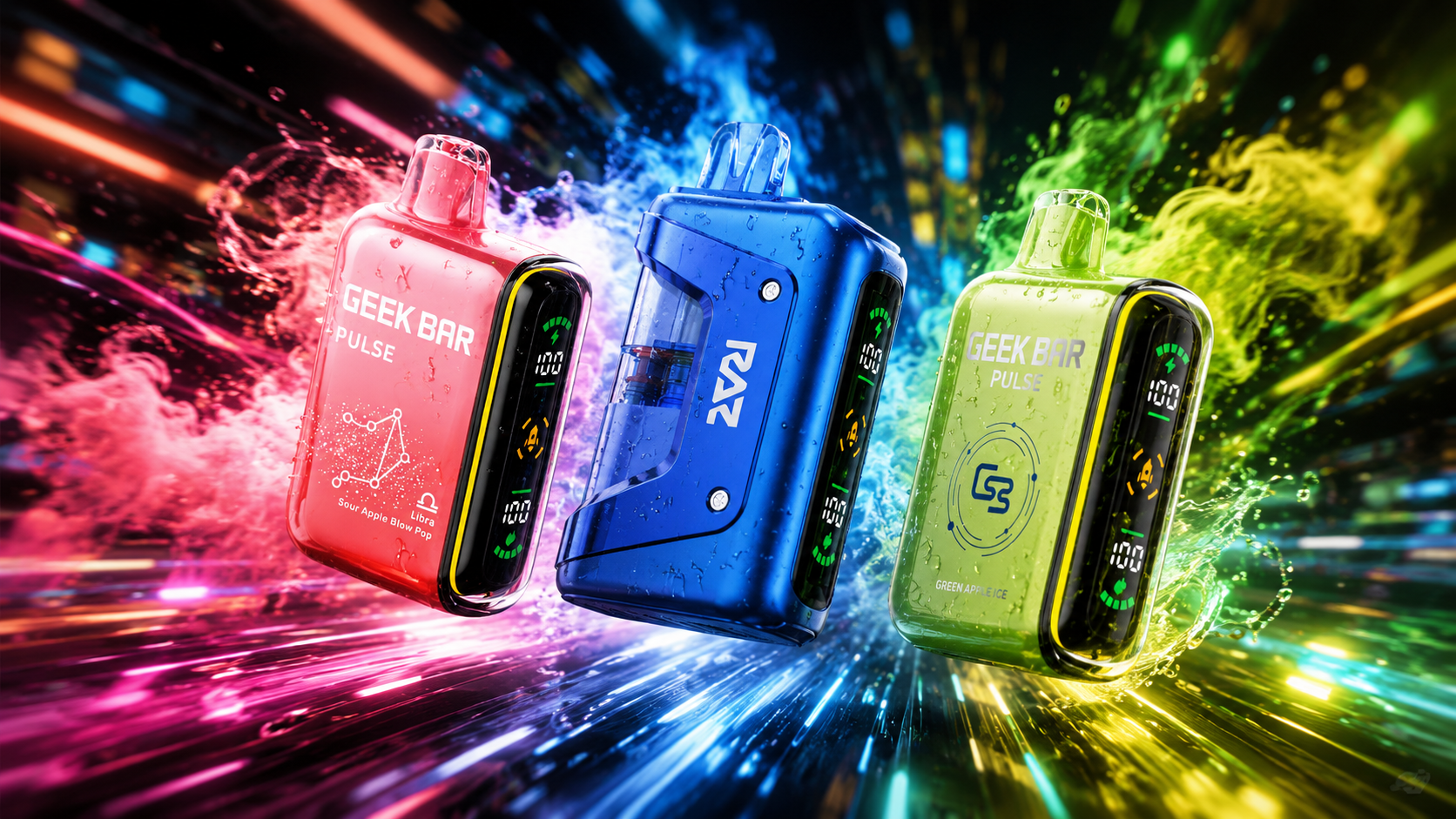 Three colorful disposable vapes with digital displays and water droplets against bright neon splashes and light trails.
