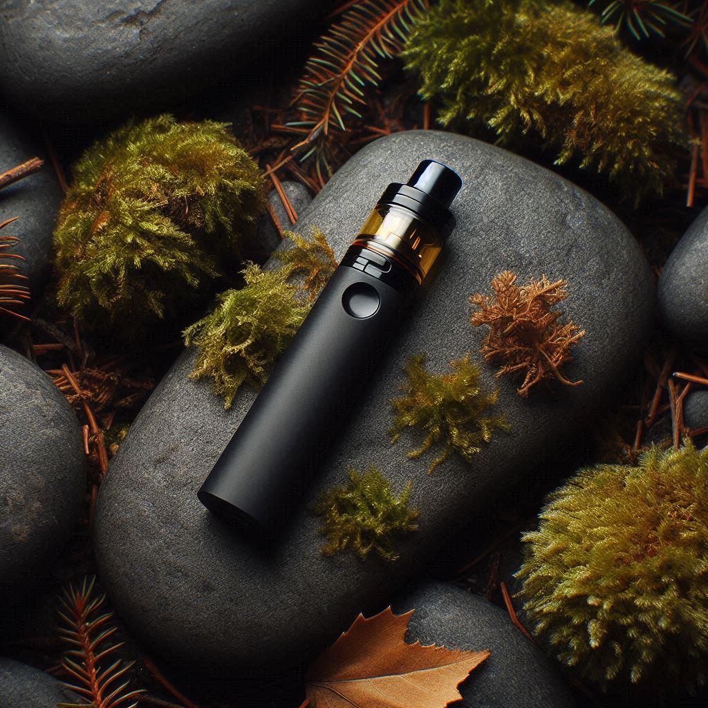 The image shows a vaping device, commonly known as a vape or e-cigarette, lying horizontally across smooth dark stones. Surrounding the device are patches of green moss and what appears to be pine needles, creating a naturalistic setting. The vape has a black body with a metallic top and bottom, and there is one visible button on its body. This image might be interesting or relevant for those who are interested in vaping products or the aesthetics of product photography that juxtaposes man-made objects with elements of nature.
