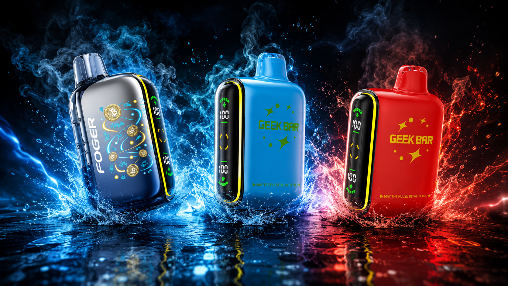 Three colorful disposable vapes with digital displays surrounded by water splashes and blue and red smoke.