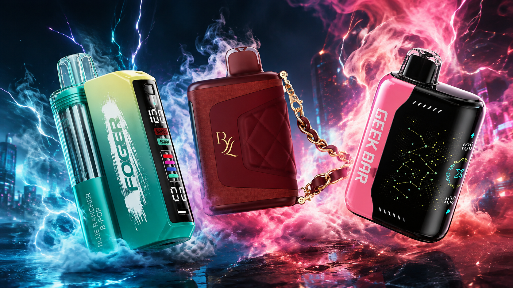 Three colorful disposable vapes surrounded by blue and pink smoke, lightning effects, and a futuristic city backdrop.