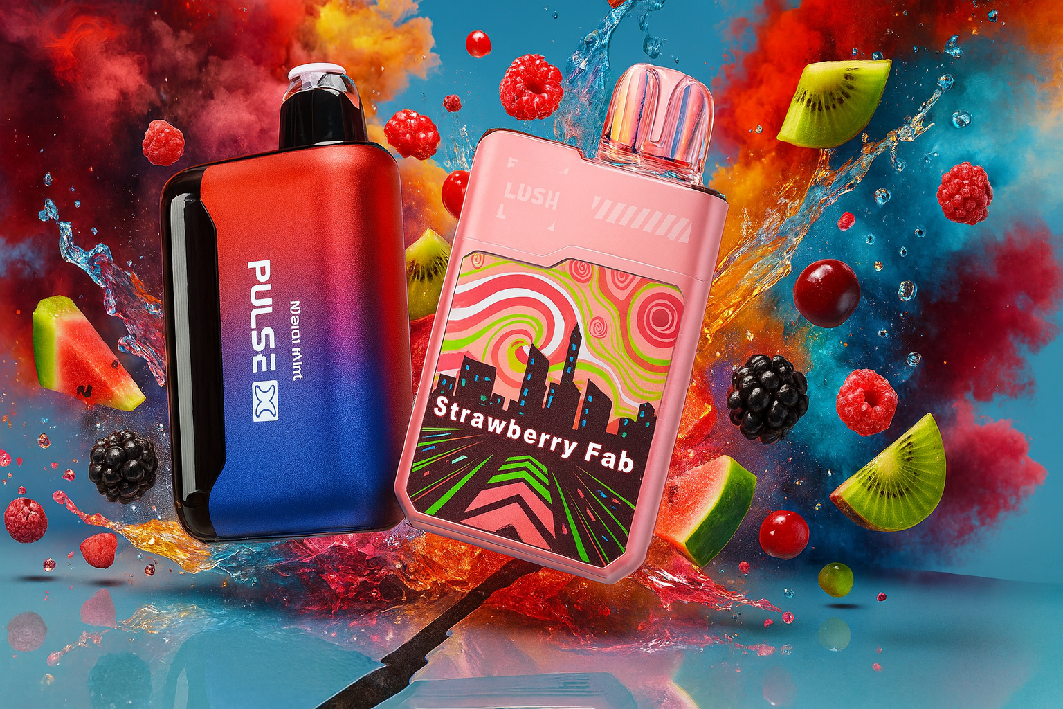 Two colorful disposable vapes, labeled "Pulse X" and "Lush," are shown floating amidst a vibrant explosion of splashing water and fresh fruits like strawberries, kiwis, and blackberries. The background features dynamic clouds of red and blue smoke against a bright blue backdrop, creating a high-energy and flavorful visual aesthetic.