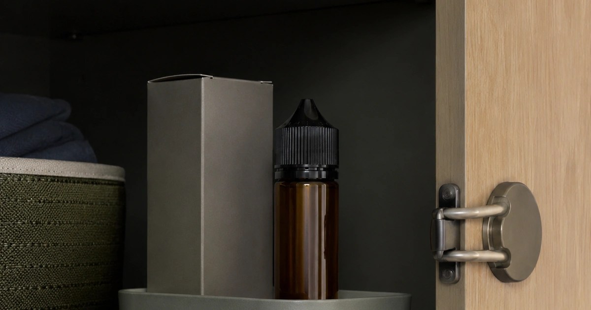 Sealed generic amber e-liquid bottle upright in a cool, dry, child-resistant cupboard away from direct light.