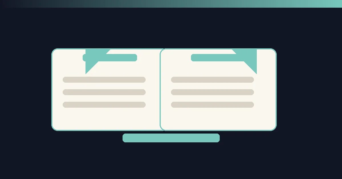Abstract comparison of two label cards with check marks on a dark teal background