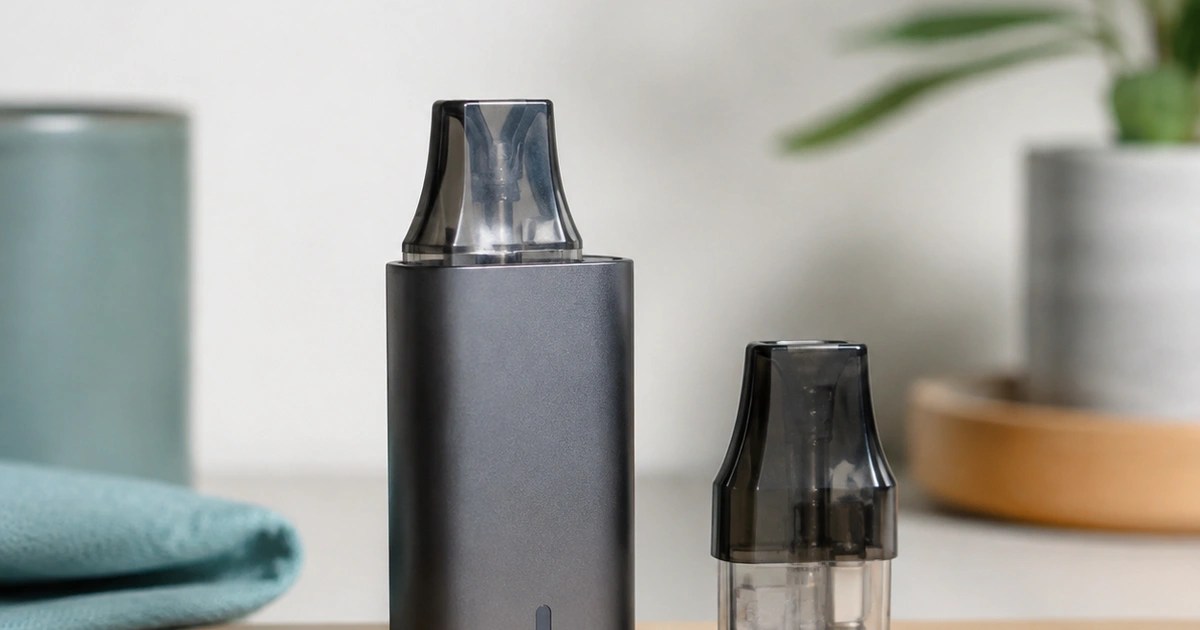 Generic unbranded pod device with a worn removable pod beside a clean replacement pod on a neutral work surface.