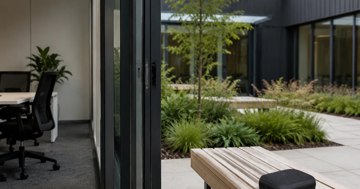 Office doorway opening to an uncovered courtyard with a closed pouch on an outdoor bench