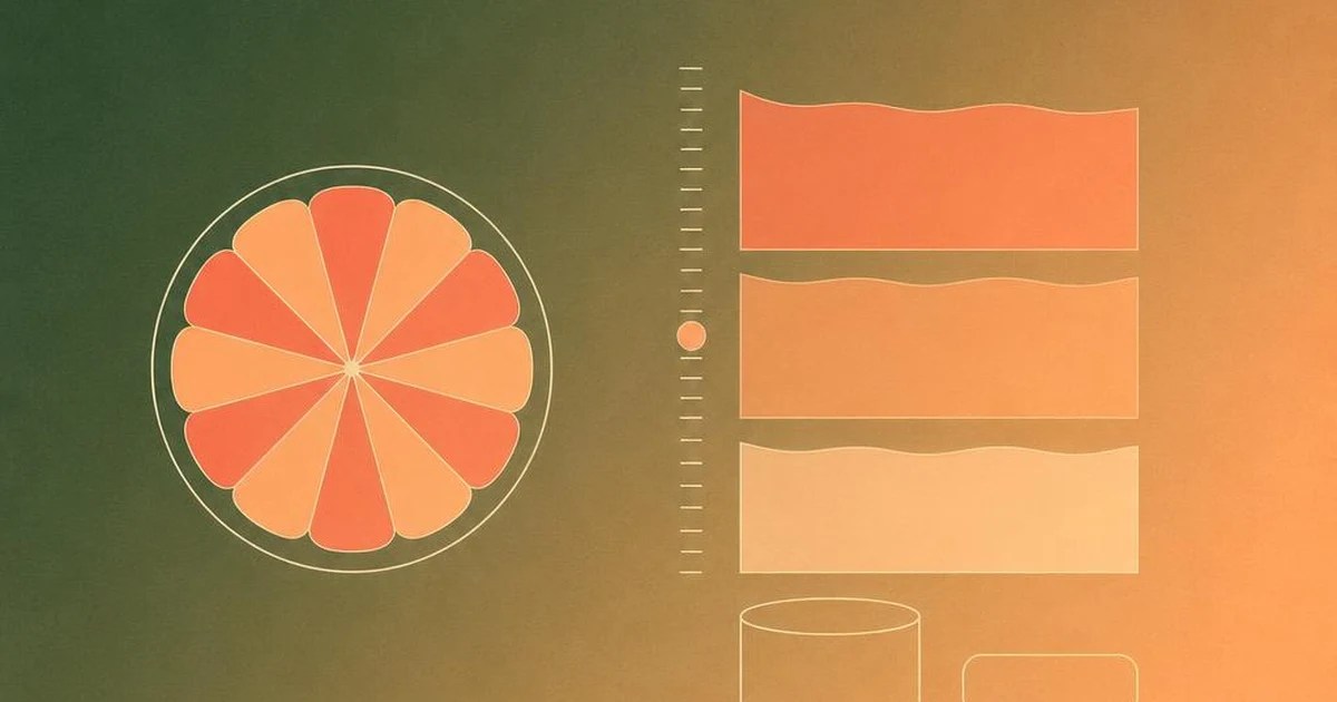 Schematic citrus cross-section beside three stacked bands of liquid that get deeper towards the top, a tick-marked measuring rule with one level marked, and two plain container outlines at the base