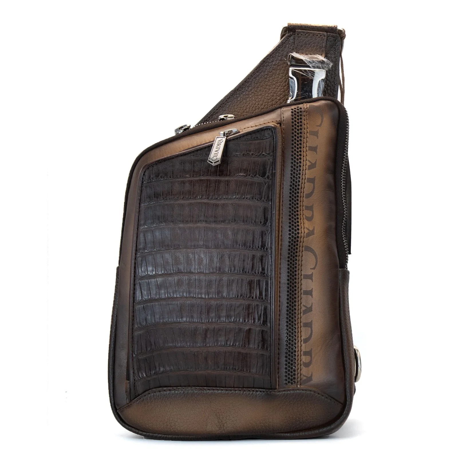 BANDOLERA EN PIEL GENUINA DE COCODRILO CAFE