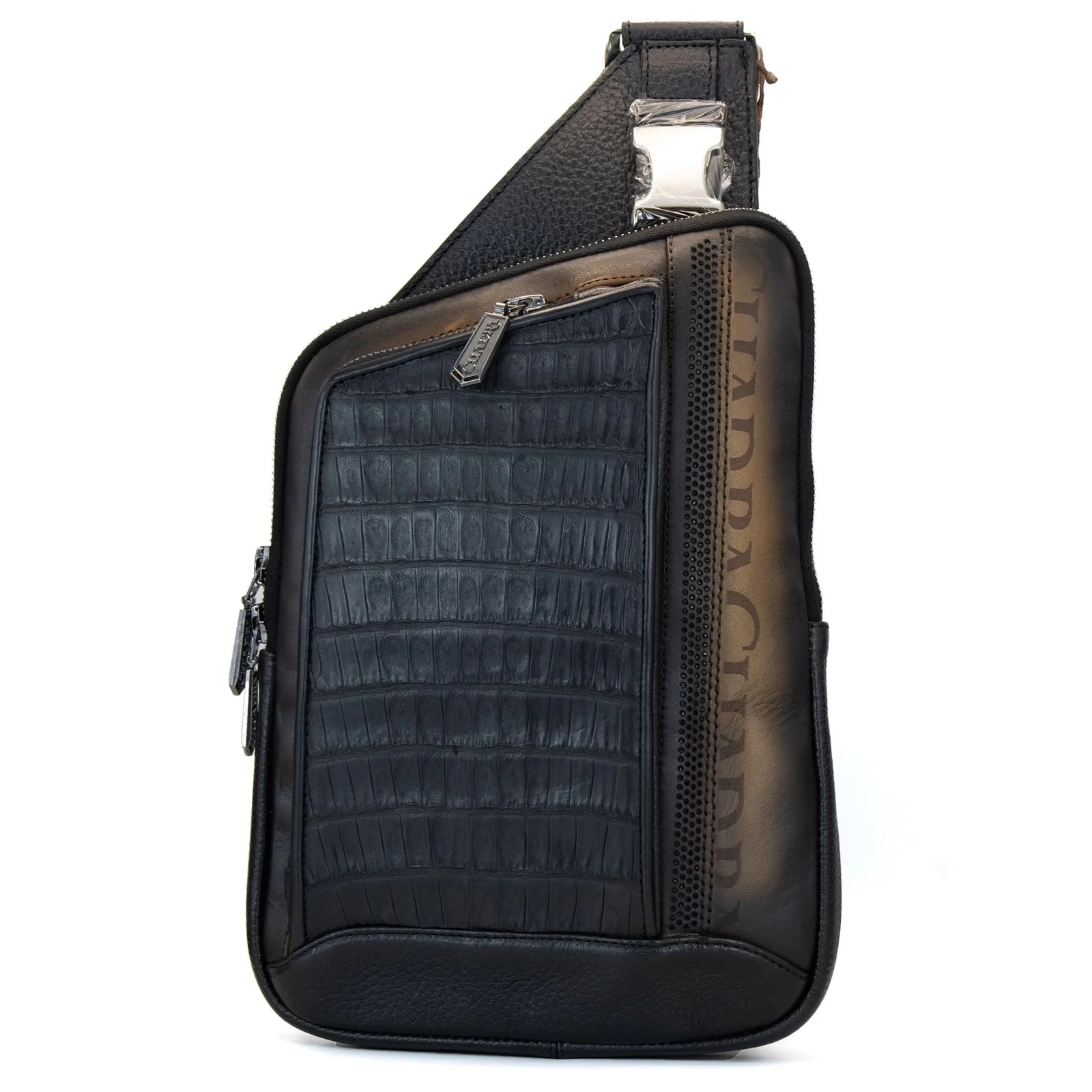 BANDOLERA EN PIEL GENUINA DE COCODRILO NEGRA