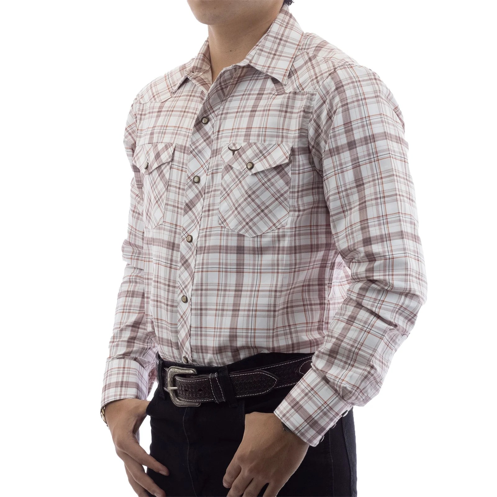 CAMISA RODEO WEST VAQUERA MANGA LARGA BLANCO / CAFÉ