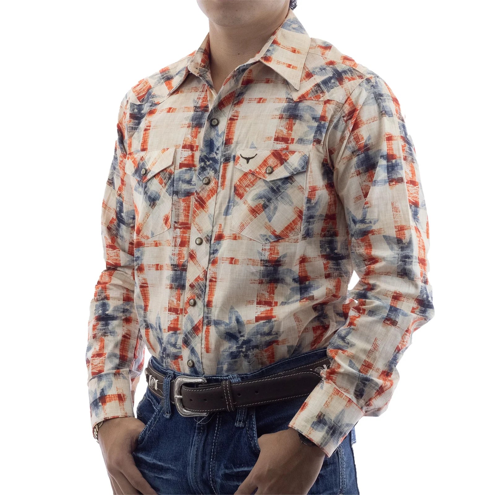 CAMISA RODEO WEST VAQUERA MANGA LARGA BEIGE/NARANJA