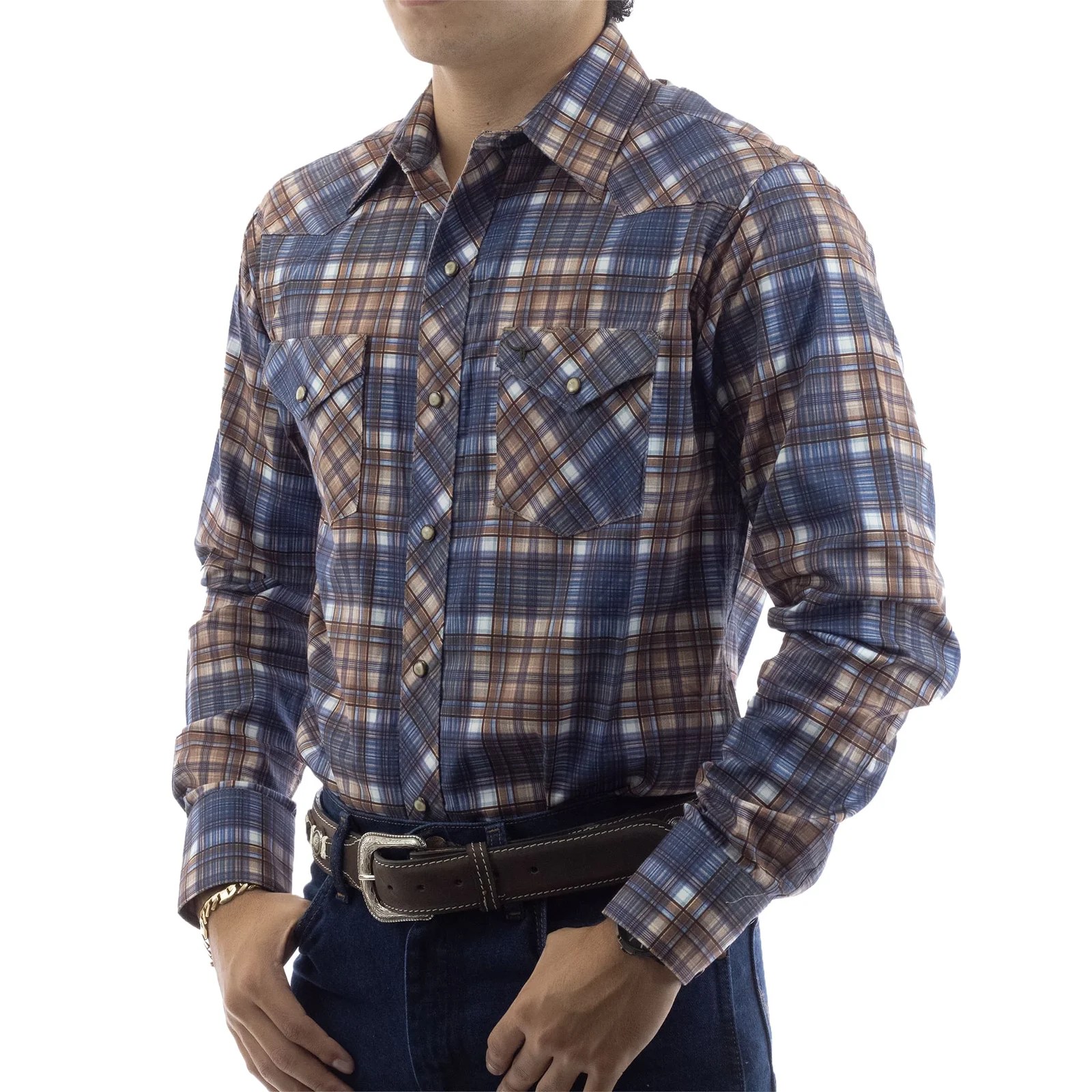 CAMISA RODEO WEST VAQUERA MANGA LARGA AZUL/CAFE