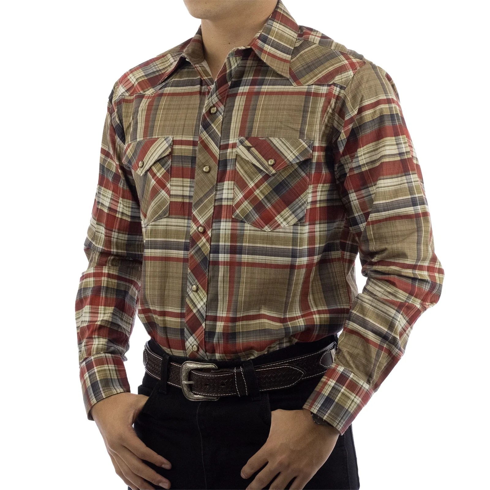 CAMISA RODEO WEST VAQUERA MANGA LARGA BEIGE/ROJO