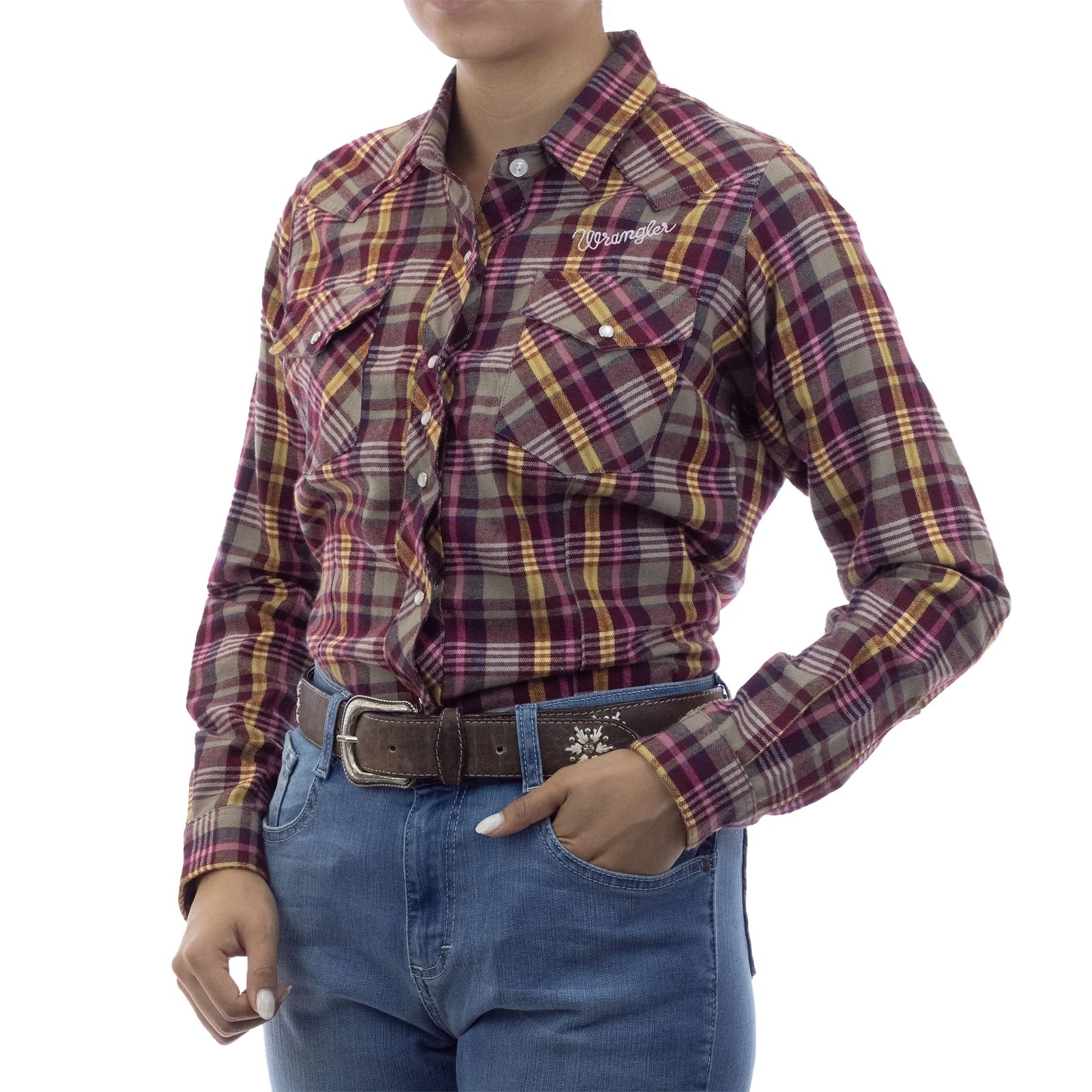 CAMISA VAQUERA WRANGLER MANGA LARGA DAMA GUINDA CON AMARILLO