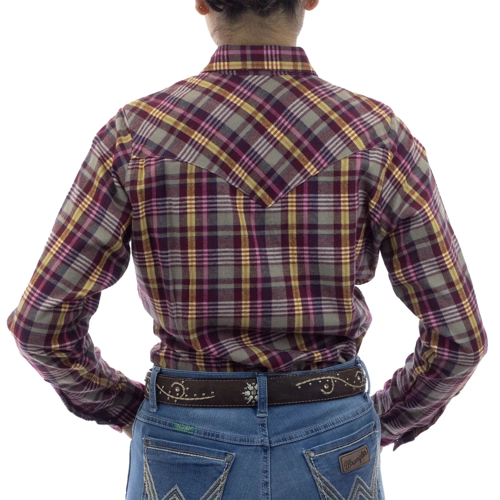 CAMISA VAQUERA WRANGLER MANGA LARGA DAMA GUINDA CON AMARILLO
