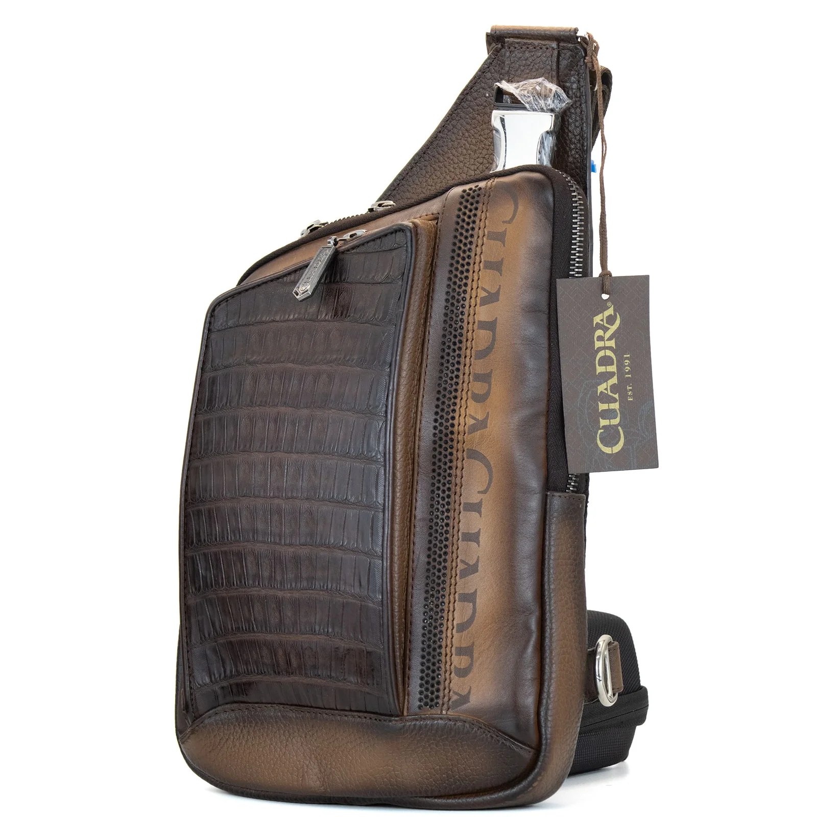 BANDOLERA EN PIEL GENUINA DE COCODRILO CAFE