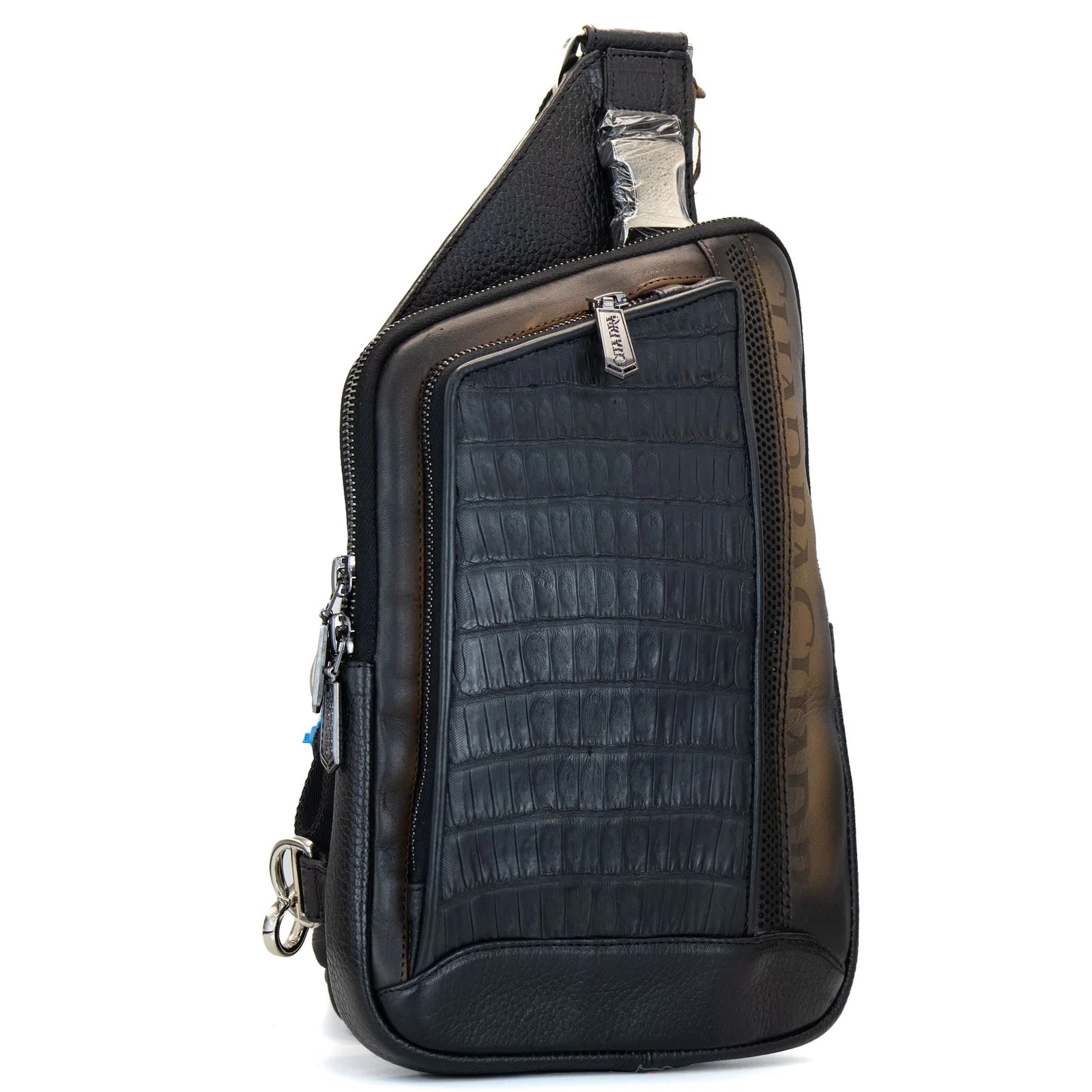 BANDOLERA EN PIEL GENUINA DE COCODRILO NEGRA