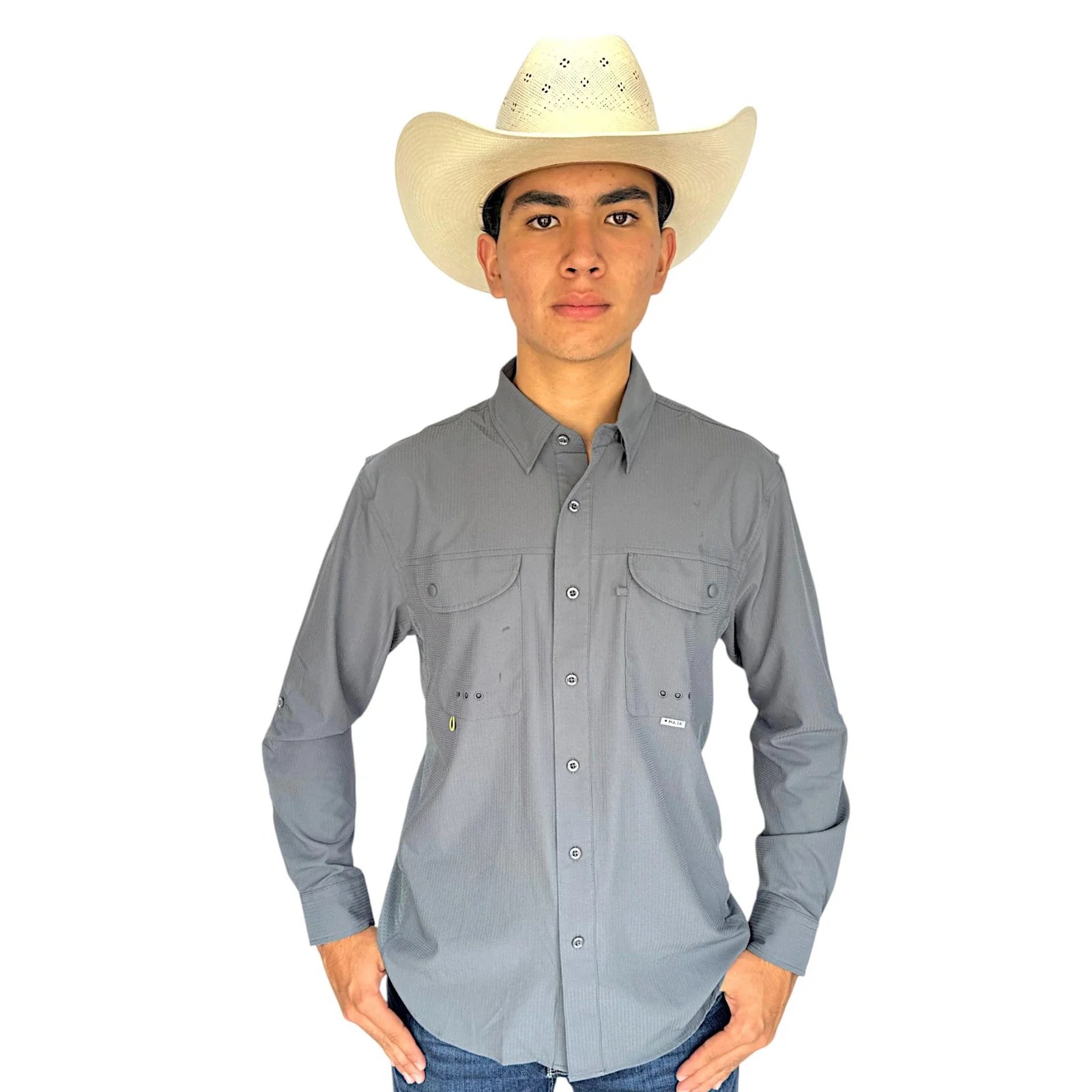 CAMISA MAJA OUTDOOR SIGNATURE MANGA LARGA GRIS AZULADO.
