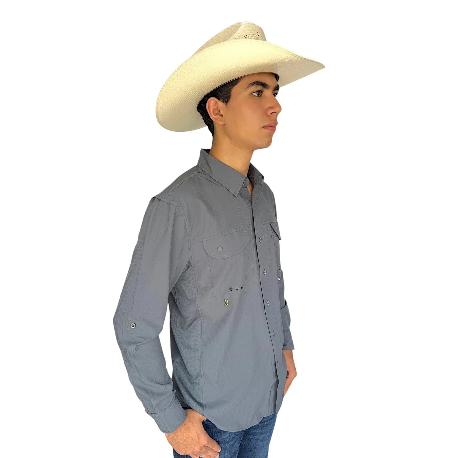 CAMISA MAJA OUTDOOR SIGNATURE MANGA LARGA GRIS AZULADO.