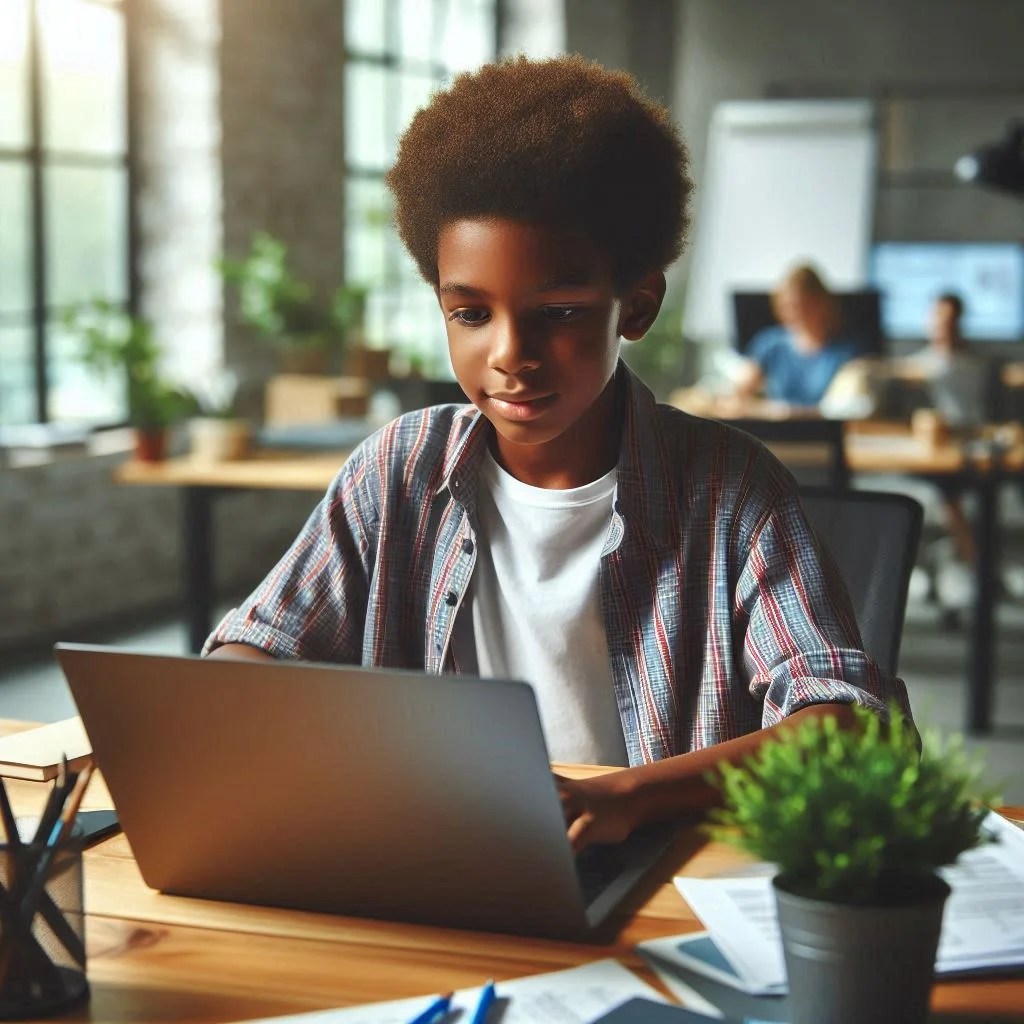 Boy Operating Computer in Class ()