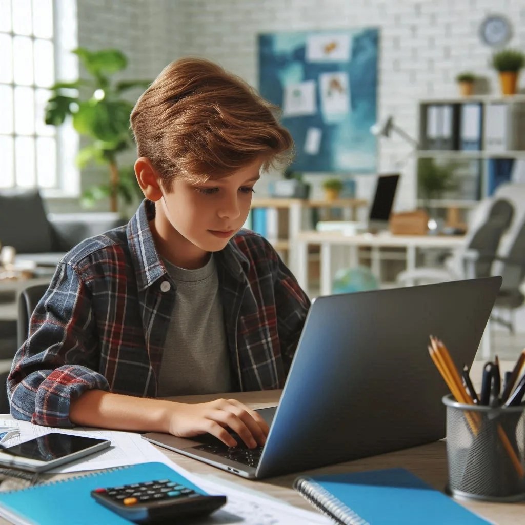 Boy Operating Computer in Class ()